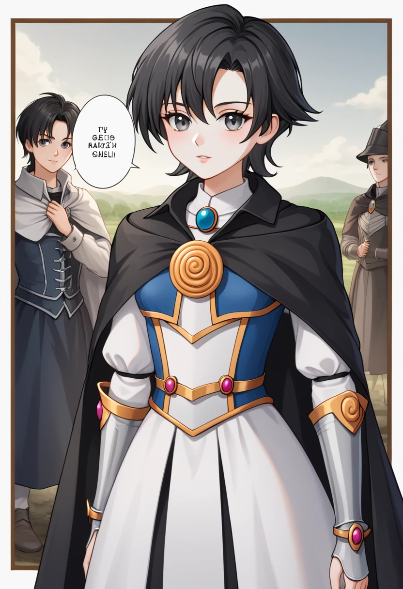 Young woman, nineteen years old woman, white skin, young magician, dark gray eyes color, short wave black hair, black linen blouse, black fitted trouses, medieval cape.