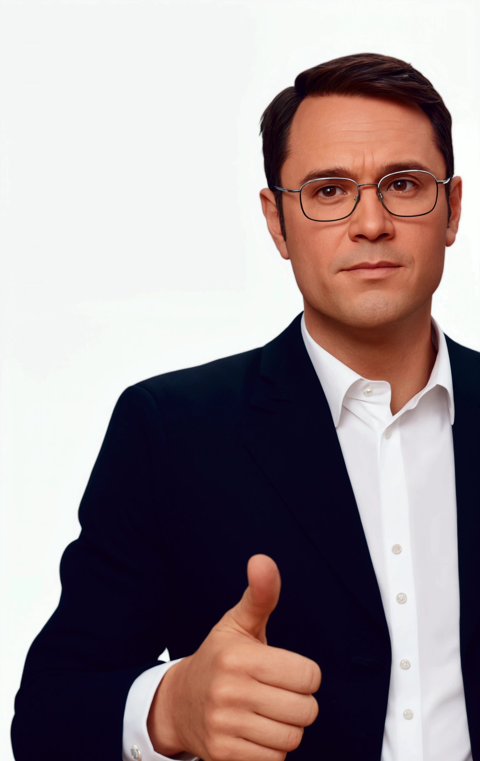 3D Pixar style drawing create scene with 40 year old young man, light colored, short dark brown hair, stylish glasses, with black suit and white shirt underneath.