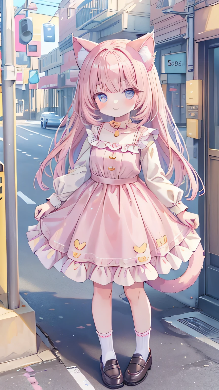 masterpiece, best quality, 4k, caustics, high details, 1girl, smile, cute, standing, cat ear, pink long hair, pink sundress, flat chest, miniskirt, socks, loafer, cat tail, street
