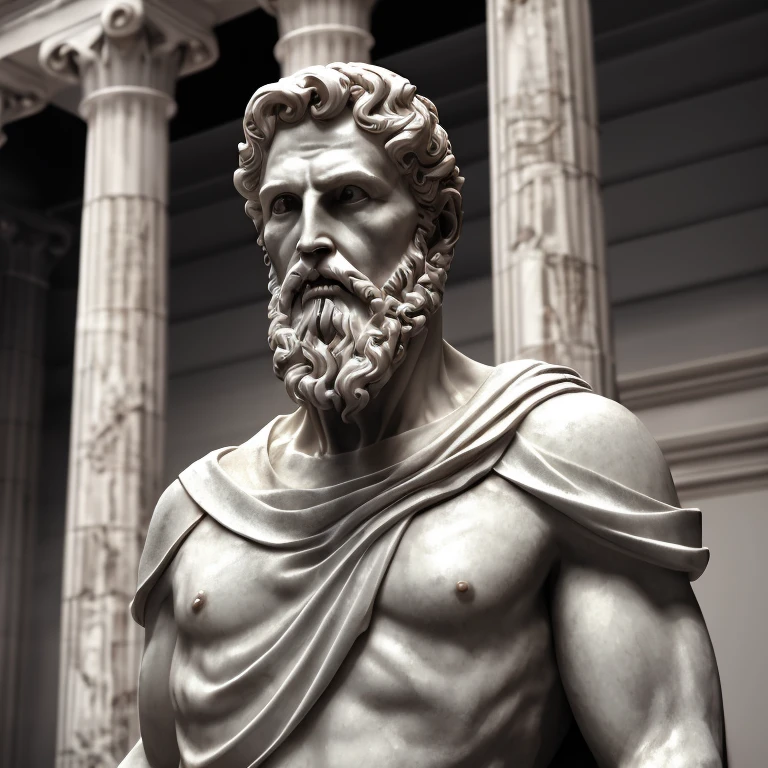 Close-up of a wise classical Greek philosopher, Statue in a temple, Stoic posture, greek god, wisdom, Cinematic sensation, black andwhite, ultra realistic, Ultra detailed and handcrafted in every aspect, Discover the Seven Seas