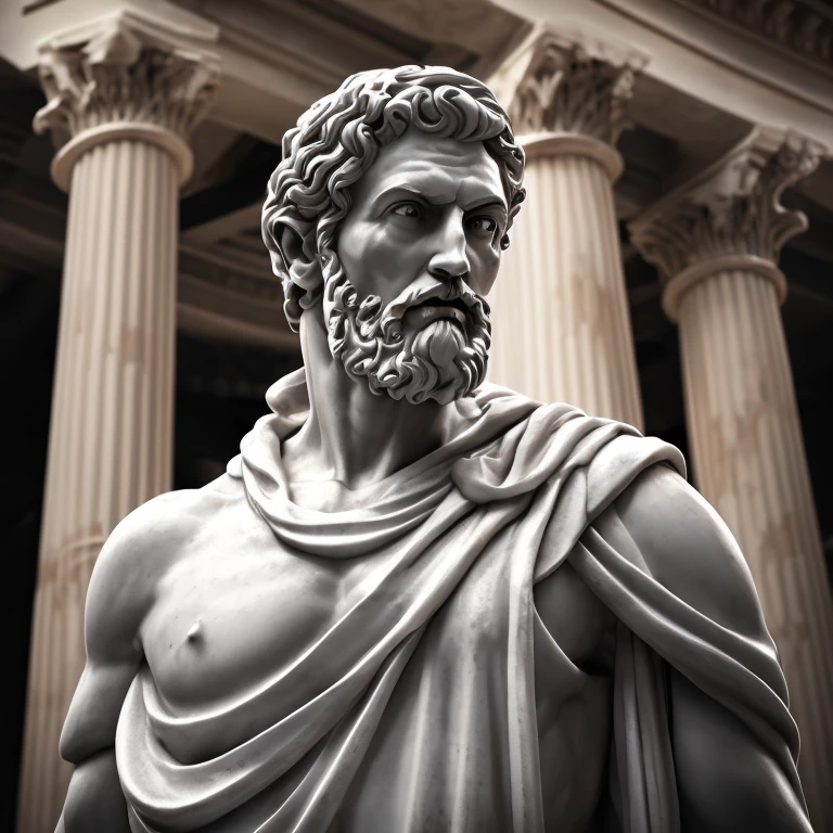 Close-up of a wise classical Greek philosopher, Statue in a temple, Stoic posture, greek god, wisdom, Cinematic sensation, black andwhite, ultra realistic, Ultra detailed and handcrafted in every aspect, Discover the Seven Seas