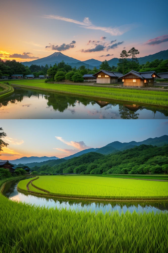 Japanese Summer　evening　countryside　Paddy field