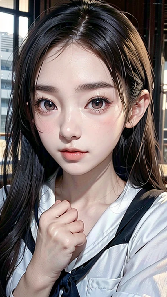 One Girl,(1人のとてもcute女の子:1.3),masterpiece,Highest quality,High resolution,From below,Low - Angle,Photorealistic,RAW Photos,Ray Tracing,Physically Based Rendering,beautiful girl,(15 years old:1.3),cute,Big eyes,(detailed pupils:1.2),(The face is facing straight ahead:1.3),Body facing forward,Beautiful nose,High nose,Upturned nose,Fuller lips,Short black hair,ponytail,short hair,Detailed eyelashes,Thin eyebrows,Very fine grain definition,(Symmetrical eyes,Golden Ratio:1.3),(Face close-up,Face Focus:1.0),Small breasts,Short neck,Sailor suit,,A city with slopes,Downtown,sunset,Sunset,Portrait,View Viewer,Upper Body,Cinema Lighting,High resolution,Very detailed