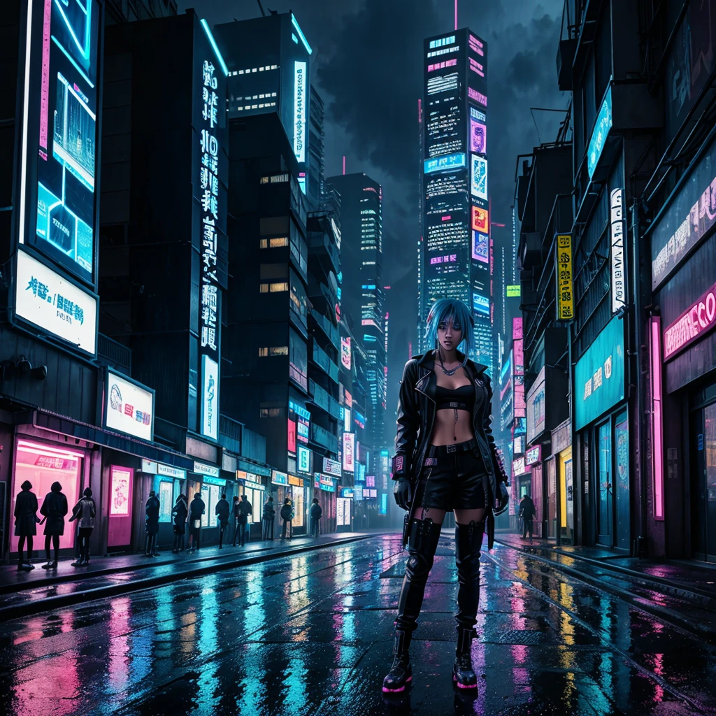 Cyberpunk City: A mysterious anime character with neon-blue hair and glowing eyes, standing in a rain-soaked alleyway of a futuristic city filled with towering skyscrapers and holographic advertisements.