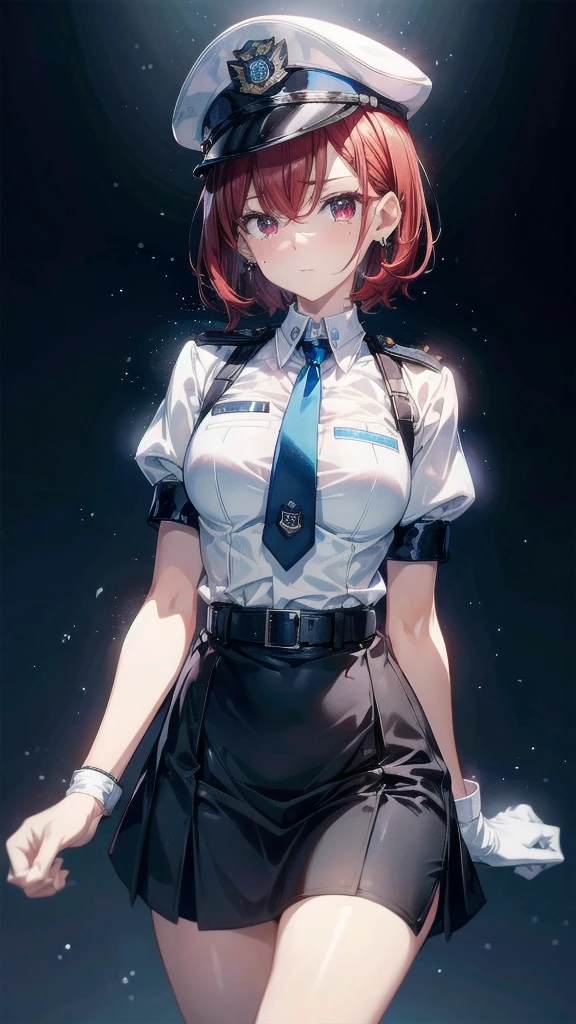 policewoman uniform, light blue short sleeved shirt, navy necktie, high waisted miniskirt, belt, white gloves, police hat, handcuffs, absurdres, RAW photo, extremely delicate and beautiful, masterpiece, Best Quality, ultra high resolution, 32k, hyperrealistic, ultra-detailed, detailed description, pale skin, 20 years old, tearful mole, earring, short medium hair, wavy hair, whole body shot, legs, Redhead, Red eyes,
