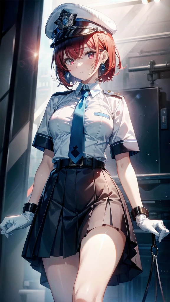 policewoman uniform, light blue short sleeved shirt, navy necktie, high waisted miniskirt, belt, white gloves, police hat, handcuffs, absurdres, RAW photo, extremely delicate and beautiful, masterpiece, Best Quality, ultra high resolution, 32k, hyperrealistic, ultra-detailed, detailed description, pale skin, 20 years old, tearful mole, earring, short medium hair, wavy hair, whole body shot, legs, Redhead, Red eyes,