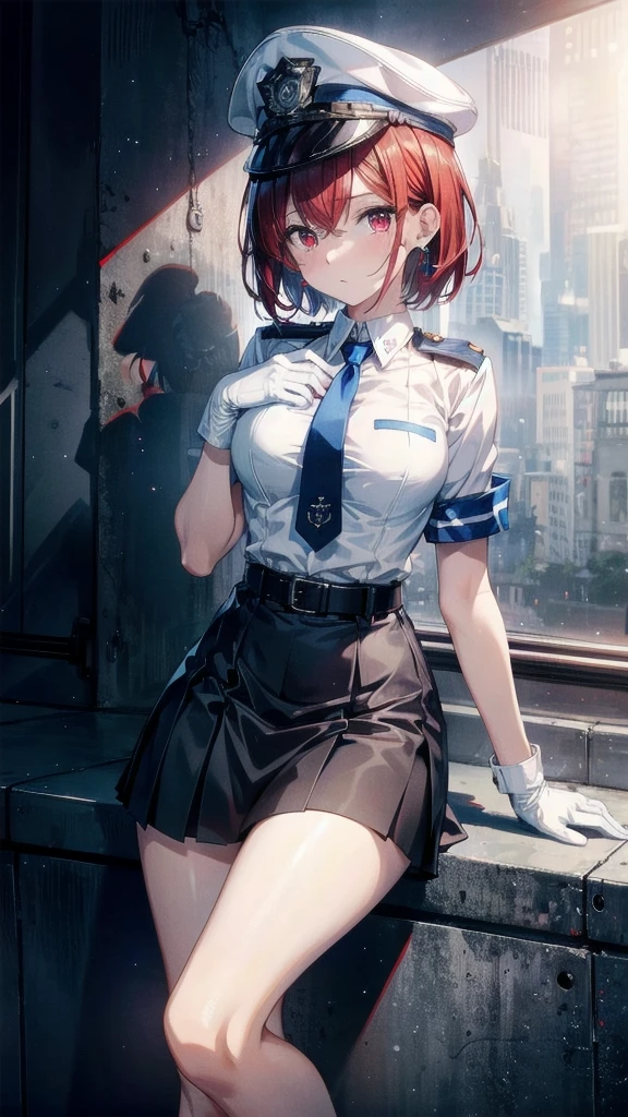 policewoman uniform, light blue short sleeved shirt, navy necktie, high waisted miniskirt, belt, white gloves, police hat, handcuffs, absurdres, RAW photo, extremely delicate and beautiful, masterpiece, Best Quality, ultra high resolution, 32k, hyperrealistic, ultra-detailed, detailed description, pale skin, 20 years old, tearful mole, earring, short medium hair, wavy hair, whole body shot, legs, Redhead, Red eyes,