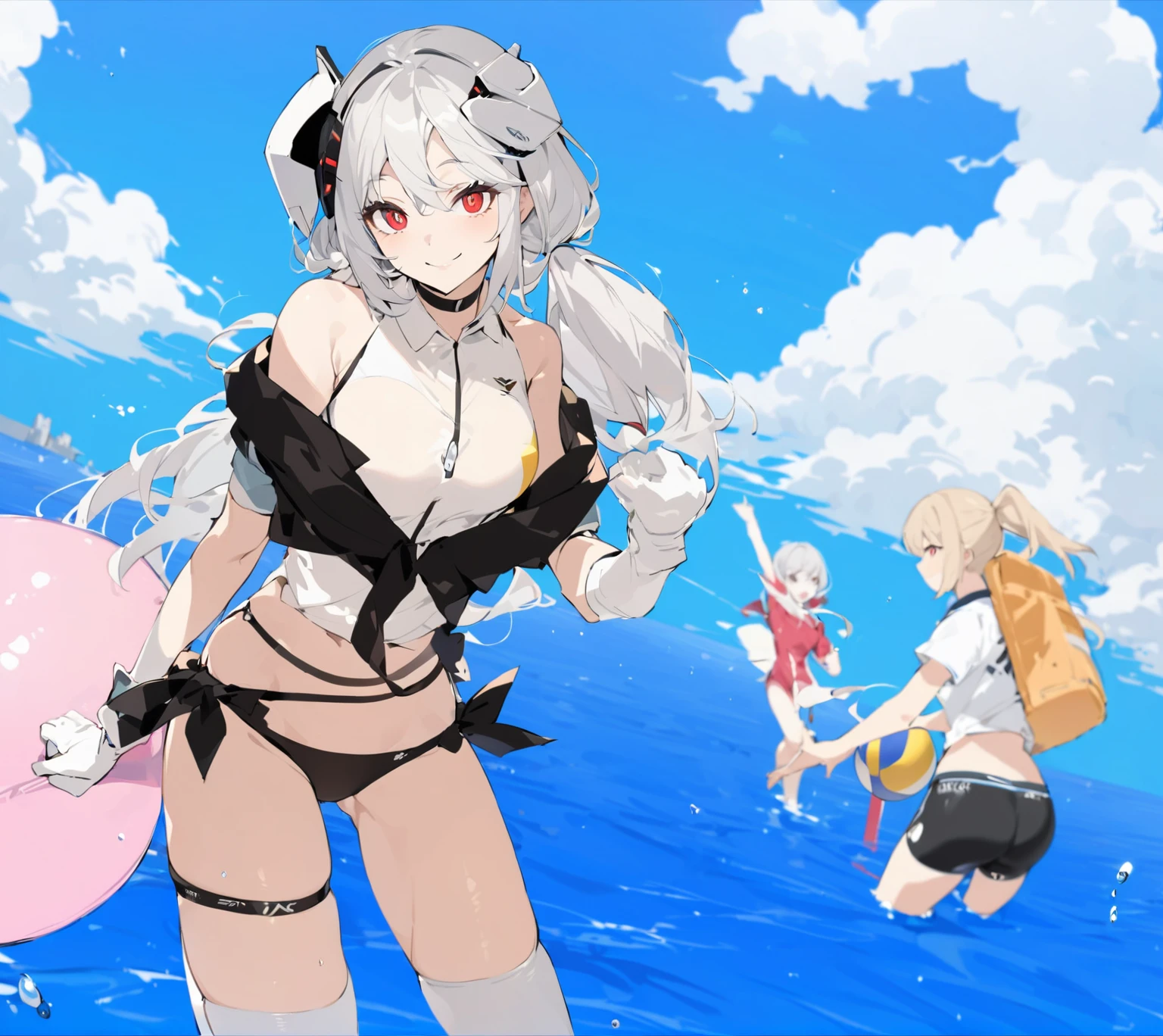 Ocean、Silver-haired, red-eyed girl、Swimwear、Two girls playing beach volleyball in the background、2d, masterpiece, best quality, anime, highly detailed face, highly detailed eyes, highly detailed background, perfect lighting, cowboy shot, 1girl, solo, collared dress, short dress, short sleeves, blue jacket, black thighhighs, detached hair, long hair, low twintails, bob cut, necktie, headgear, white gloves, elbow gloves, wide hips, smile, standing, spacecraft interior 