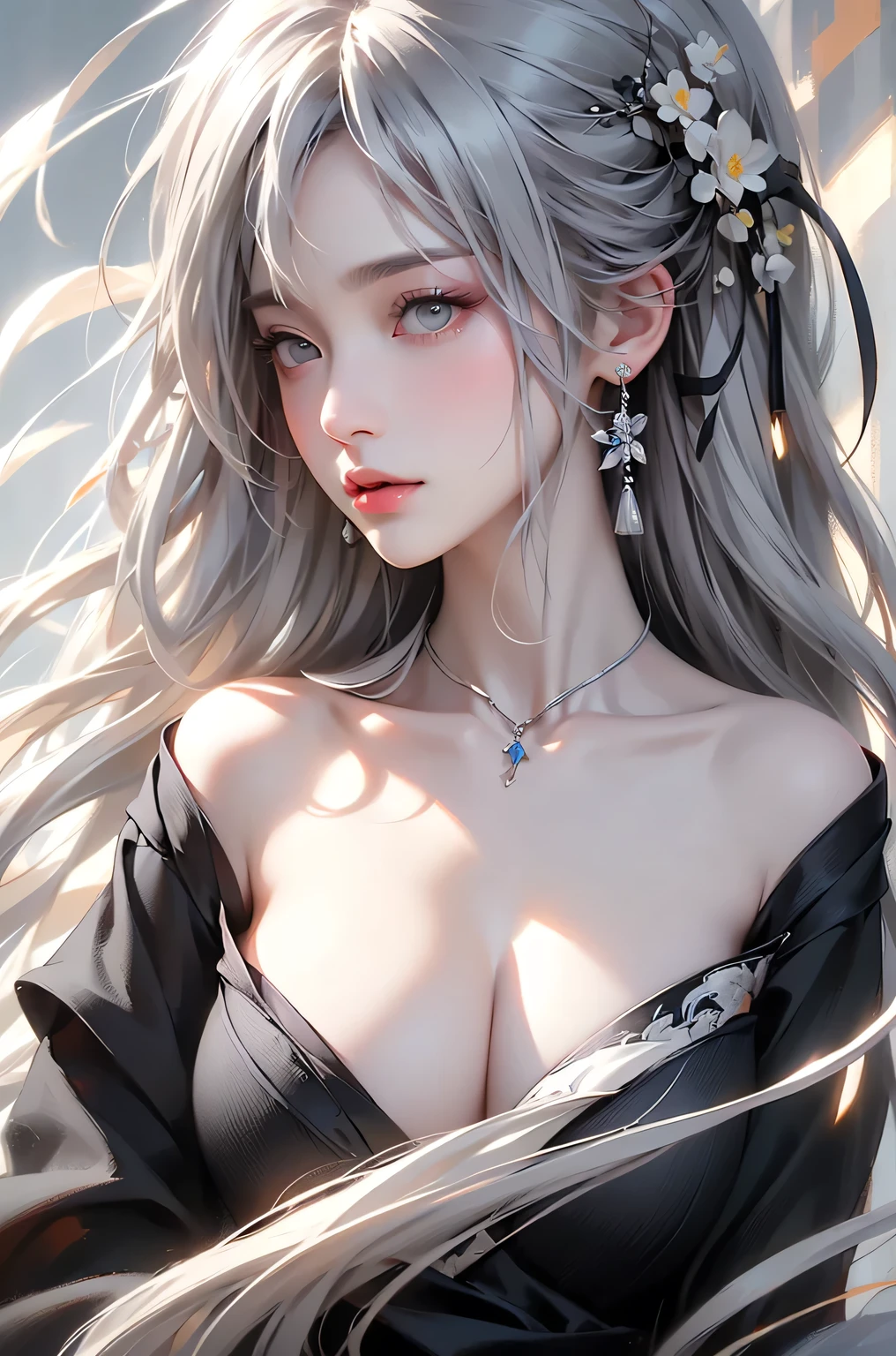 super high quality, masterpiece, Perfect illustration, Very detailed (Exquisite light and shadow, Very dramatic photo,Backlight) , ((Gray Hair:1.5))1 Girl,(( alone:1.6)), (Wearing Han clothes, Black and white Hanfu,Monotony,Long sleeve) Flower Field, Flowers, (White smoke:1.3) (Realistic:1.4), Zen Intertwining, Tangled, Official Art, unity 8k wallpaper, Very detailed, Beautiful and beautiful, masterpiece, Highest quality, (Dynamic Angle: 1.4), Glowing Skin, (Floating colorful flashes: 1) The most beautiful chaotic shapes, elegant, Brutalist Design, Bright colors, Romantic Depth of Field Exotic_dance, half_naked、Expose your shoulders、Ample breasts、Great cleavage、(from front)