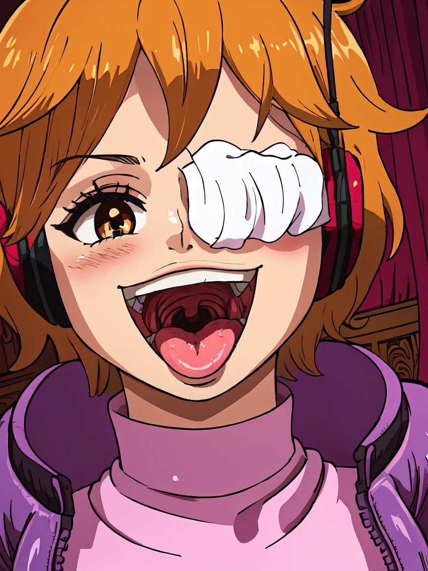 masterpiece, ((ultra detailed background, delicate pattern, intricate detail)), (highly detailed, fine details), best quality, beautiful lighting, ((medium breasts, slim girl)), 1girl, Lilith, ((mischievous smile)) ,(bangs covering one eye), ((light ginger hair)),headphones, (brown eyes), dark-purple jacket,(pink bodysuit, (close-up, portrait), blush, open mouth, big mouth, tongue, tongue out, close up, saliva, uvula, uvula, room, mouth focus, excessive saliva, hair one eye covered, room, indoors,
