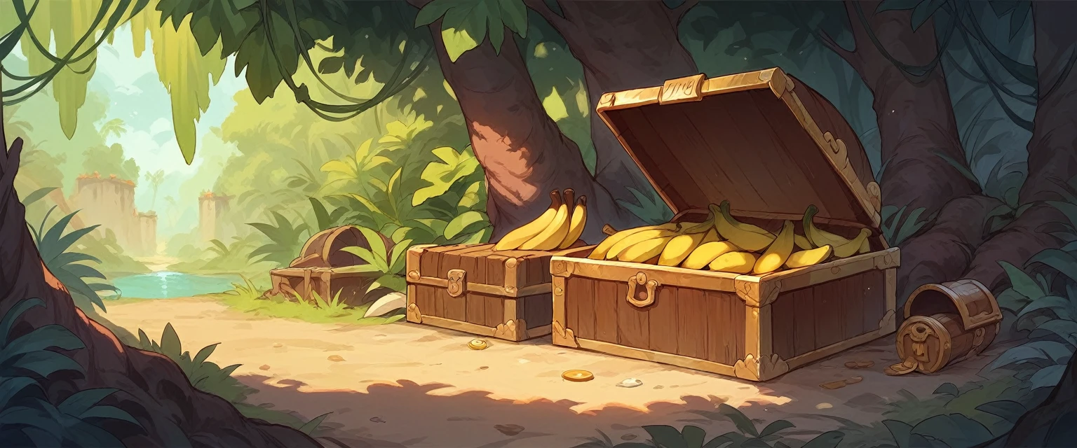 An old treasure chest in a banana forest full of bananas