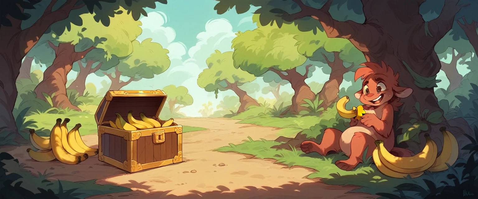 An old treasure chest in a banana forest full of bananas