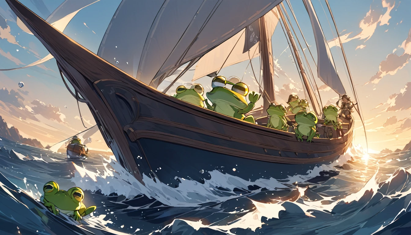 Little frogs,Sitting on a big boat,As an adventurer,Sailing on the sea,riding the wave
