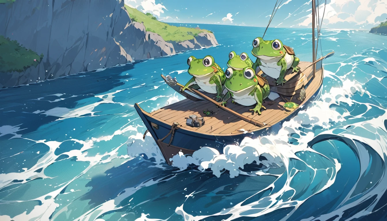 Little frogs,Sitting on a big boat,As an adventurer,Sailing on the sea,riding the wave