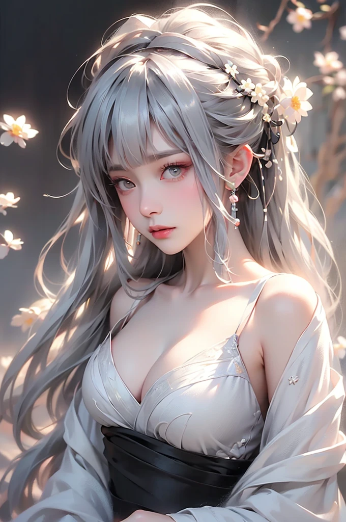 super high quality, masterpiece, Perfect illustration, Very detailed (Exquisite light and shadow, Very dramatic photo,Backlight) , ((Gray Hair:1.5))1 Girl,(( alone:1.6)), (Wearing Han clothes, Black and white Hanfu,Monotony,Long sleeve) Flower Field, Flowers, (White smoke:1.3) (Realistic:1.4), Zen Intertwining, Tangled, Official Art, unity 8k wallpaper, Very detailed, Beautiful and beautiful, masterpiece, Highest quality, (Dynamic Angle: 1.4), Glowing Skin, (Floating colorful flashes: 1) The most beautiful chaotic shapes, elegant, Brutalist Design, Bright colors, Romantic Depth of Field Exotic_dance, half_naked、Expose your shoulders、Ample breasts、Great cleavage、(from front)