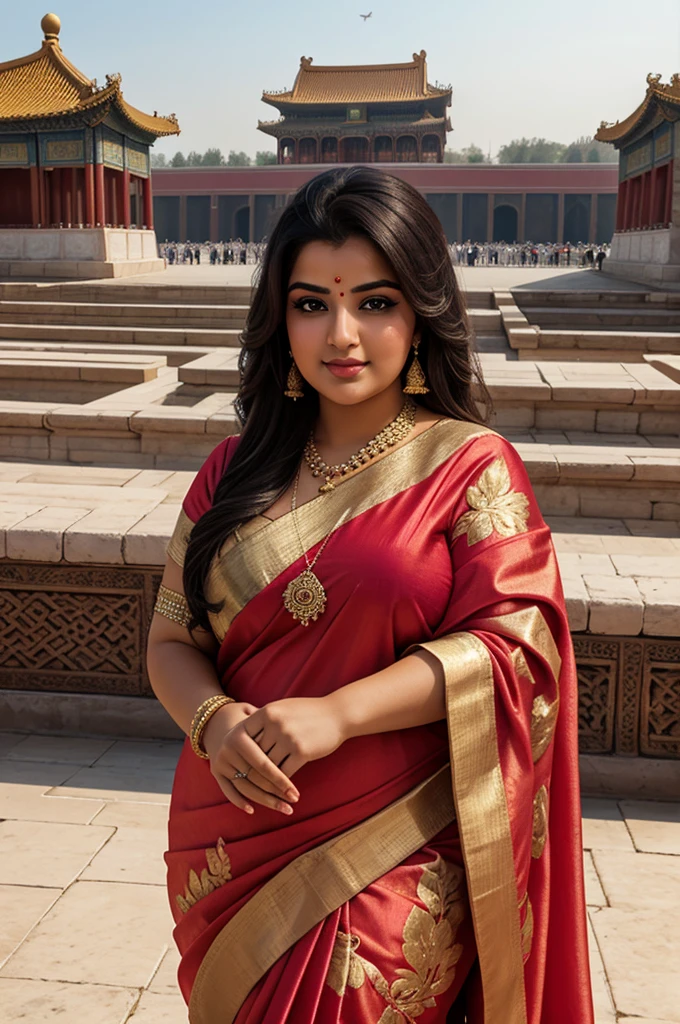 1 Heavenly beautiful and goddess beauty cute and sweet looking face Arabian female in front of Forbidden City, China, Heavenly beautiful Overweight, Heavenly beautiful Extremely fat, Heavenly beautiful and attractive Chubby figure , Heavenly beautiful looking and eye catching luxury style Kancheepuram Saree , reaching out, Heavenly beautiful Arabian woman, 16k, High resolution, masterpiece, highest quality, fine skin, outside view, Realistic Photograph