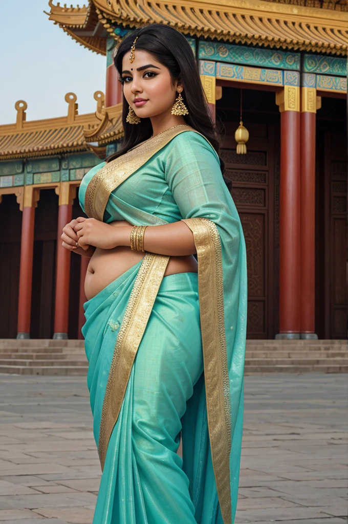 1 Heavenly beautiful and goddess beauty cute and sweet looking face Arabian female in front of Forbidden City, China, Heavenly beautiful Overweight, Heavenly beautiful Extremely fat, Heavenly beautiful and attractive Chubby figure , Heavenly beautiful looking and eye catching luxury style Kancheepuram Saree , reaching out, Heavenly beautiful Arabian woman, 16k, High resolution, masterpiece, highest quality, fine skin, outside view, Realistic Photograph