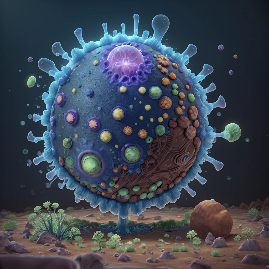 Bacteria, amoeba, infusoria, Cinema 4D, digital painting, dendritic, detailed, organelles, plasma, 3D, Microorganisms