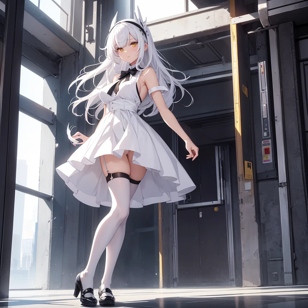 A beautiful anime girl with white hair that is close to transparent in high definition, wearing beautiful white shoes, wearing a short black skirt, and wearing black high stockings with yellow eyes, stands in front of me and lifts her skirt with her hands. She doesn't wear a shirt. She has big, beautiful appearance. She has beautiful skin with high definition. She wears bras. She has great appearance and beautiful white shoes. She is 1.60 feet tall.