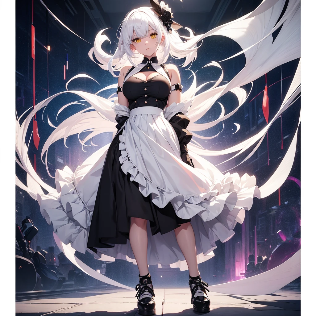 A beautiful anime girl with white hair that is close to transparent in high definition, wearing beautiful white shoes, wearing a short black skirt, and wearing black high stockings with yellow eyes, stands in front of me and lifts her skirt with her hands.  She doesn't wear a shirt. She has big, beautiful appearance. She has beautiful skin with high definition. She wears bras. She has great appearance and beautiful white shoes. She is 1.60 feet tall.