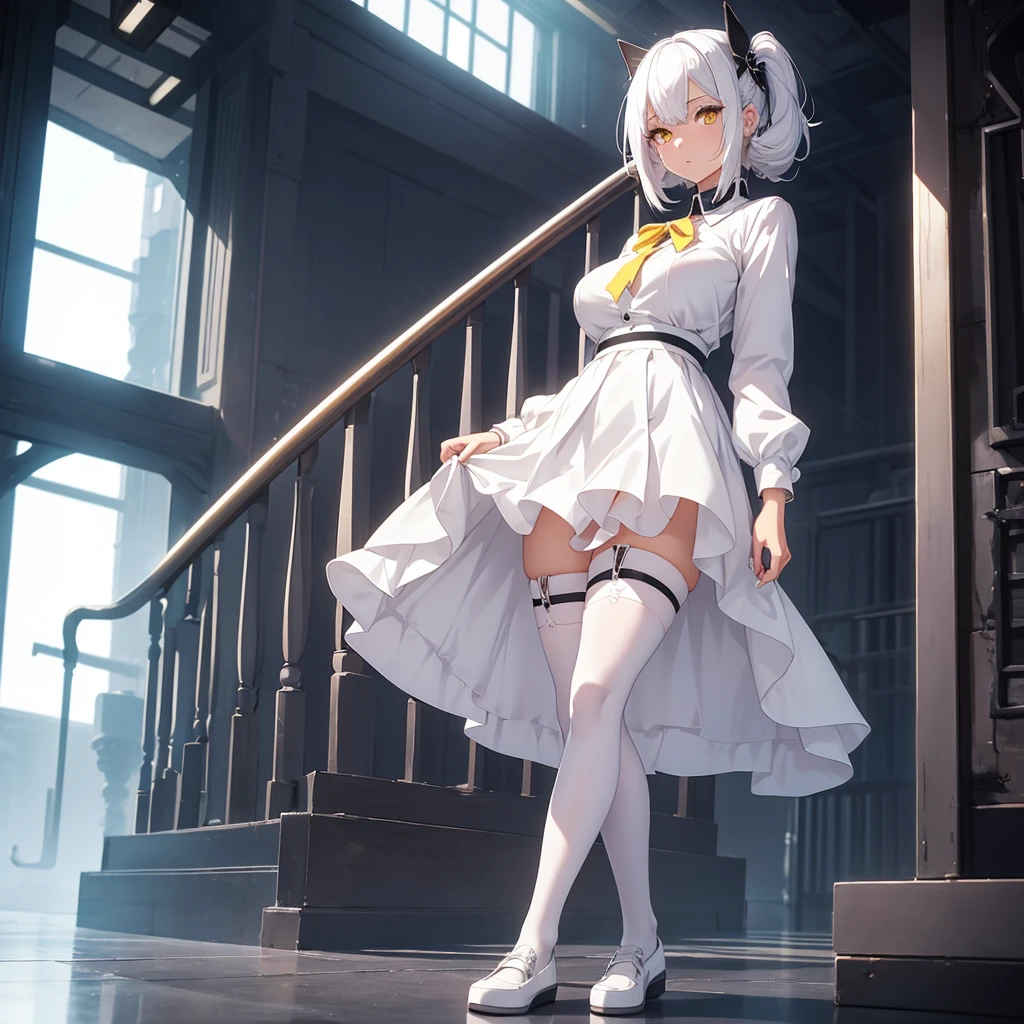 A beautiful anime girl with white hair that is close to transparent in high definition, wearing beautiful white shoes, wearing a short black skirt, and wearing black high stockings with yellow eyes, stands in front of me and lifts her skirt with her hands. She doesn't wear a shirt. She has big, beautiful appearance. She has beautiful skin with high definition. She wears bras. She has great appearance and beautiful white shoes. She is 1.60 feet tall.