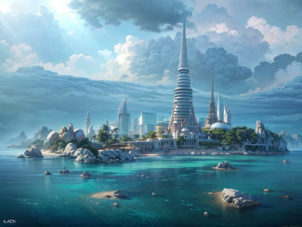 a wallpaper ultra wide angle, fantasy art, RPG art, (best Detailed: 1.5), (UHD: 1.5), (photorealistic: 1.4), mirkw00d, picture of an futuristic beach city, beautiful beach, resort, background only, tropical area, sunset, the sun is setting down there are some clouds in the sky, best details, best quality, 16k, (ultra detailed: 1.5), masterpiece, best quality, (extremely detailed), ultra wide shot, photorealism, depth of field, hyper realistic, anime art