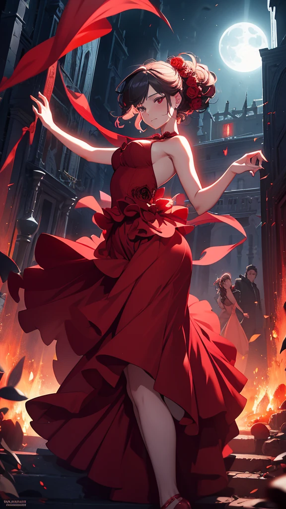 A woman in a red dress is dancing in front of the full moon, Digital Art by Alexander Kucharsky, cgsociety contest winner, Digital Art, Fairy Moonlight Dance, dark ballerina, Natalie Shaw Tom Bagshaw, Hmm、Carol in the back, beautiful Digital Artwork, takato yomamoto. 4k yen, Underworld Dancer