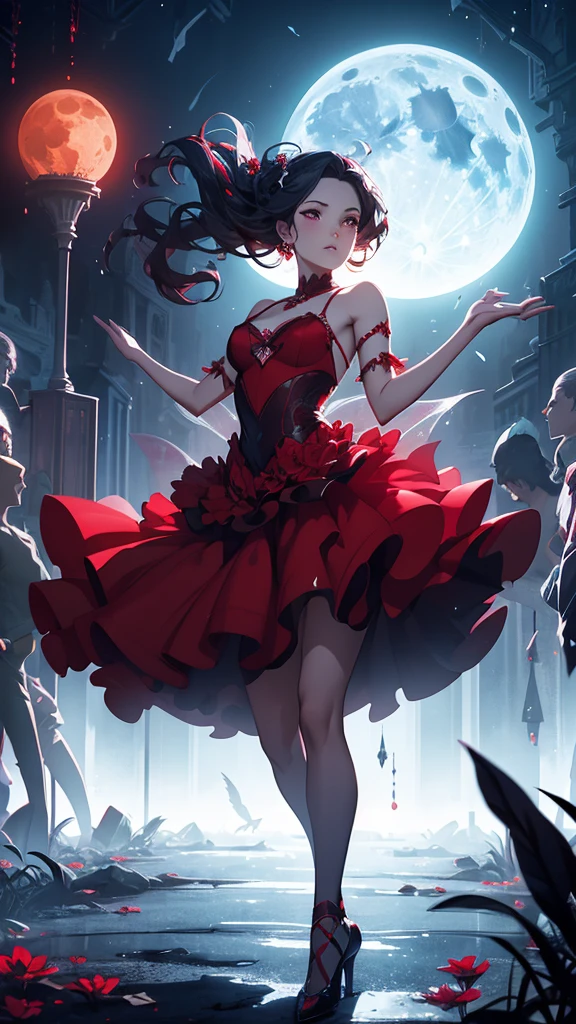 A woman in a red dress is dancing in front of the full moon, Digital Art by Alexander Kucharsky, cgsociety contest winner, Digital Art, Fairy Moonlight Dance, dark ballerina, Natalie Shaw Tom Bagshaw, Hmm、Carol in the back, beautiful Digital Artwork, takato yomamoto. 4k yen, Underworld Dancer