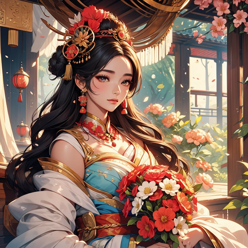 Holding a fan、Arabian woman with flowers in her hair, Exquisite digital illustrations, Beautiful artwork illustration, Amazing digital illustrations, Beautiful digital art, Inspired by Yoon Doo-seo, In the style of digital illustration, Empress of China, Portrait of a Geisha, Beautiful Fantasy Empress, Beautiful digital illustrations, 美しいPortrait of a Geisha, Portrait of a Geisha