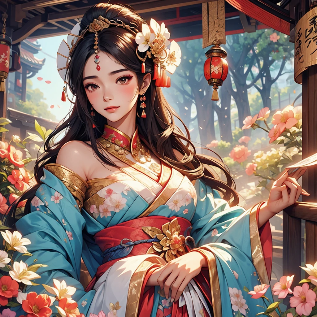 Holding a fan、Arabian woman with flowers in her hair, Exquisite digital illustrations, Beautiful artwork illustration, Amazing digital illustrations, Beautiful digital art, Inspired by Yoon Doo-seo, In the style of digital illustration, Empress of China, Portrait of a Geisha, Beautiful Fantasy Empress, Beautiful digital illustrations, 美しいPortrait of a Geisha, Portrait of a Geisha