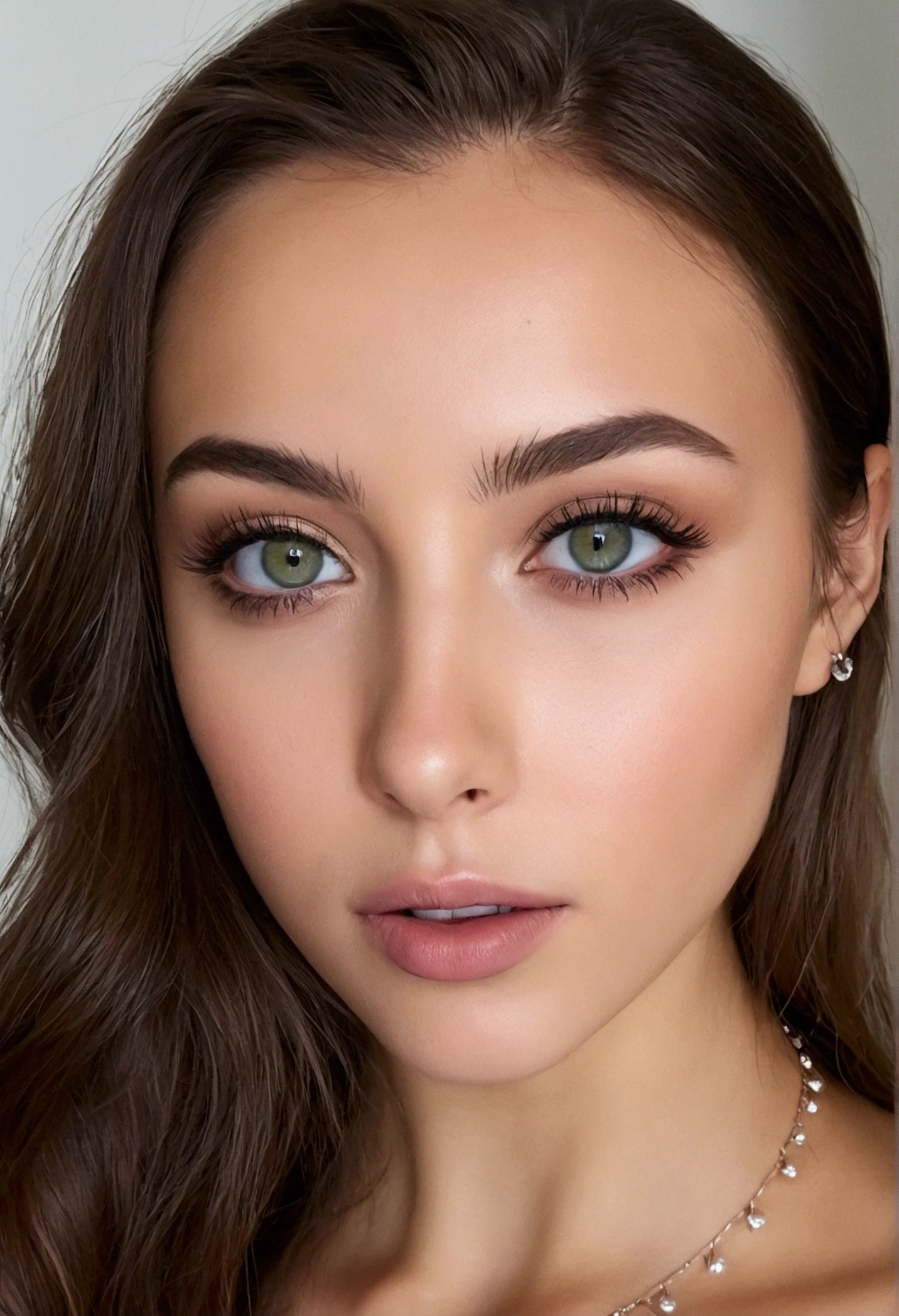 femme arafée avec un débardeur blanc et un collier, sexy girl with yeux verts, portrait sophie mudd, cheveux bruns et grands yeux, super réaliste, 4K, selfie d'une jeune femme, yeux de la chambre, violette myers, sans maquillage, maquillage naturel, regarder directement la caméra, visage avec artgram, maquillage subtil, yeux verts, jolie fille, pose sexy, portrait, déesse brune, détail élevé sur fond blanc
