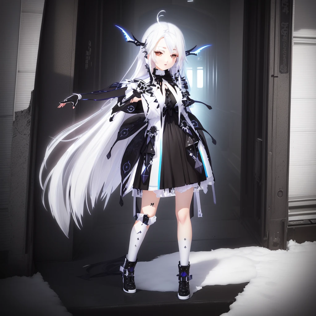 Anime-style image of a woman with white hair and black clothing, Cute 3D anime girl render, Cute anime waifu in a nice dress, From Arknights, Anime VTuber Full Body Model, April Rendering, Anime girl in a black dress, Gothic Maiden Anime Girl, Highly detailed characters, Official character art
