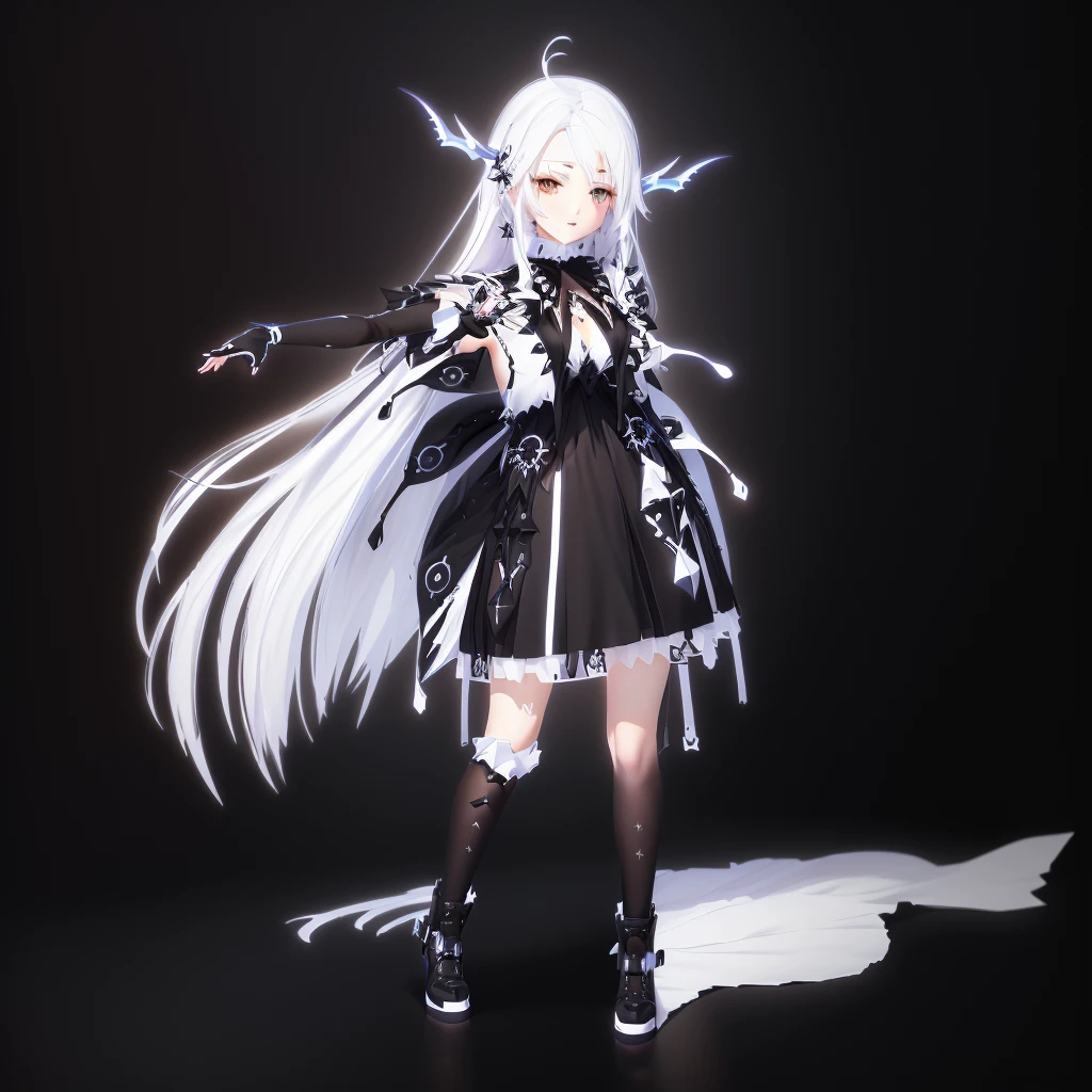 Anime-style image of a woman with white hair and black clothing, Cute 3D anime girl render, Cute anime waifu in a nice dress, From Arknights, Anime VTuber Full Body Model, April Rendering, Anime girl in a black dress, Gothic Maiden Anime Girl, Highly detailed characters, Official character art