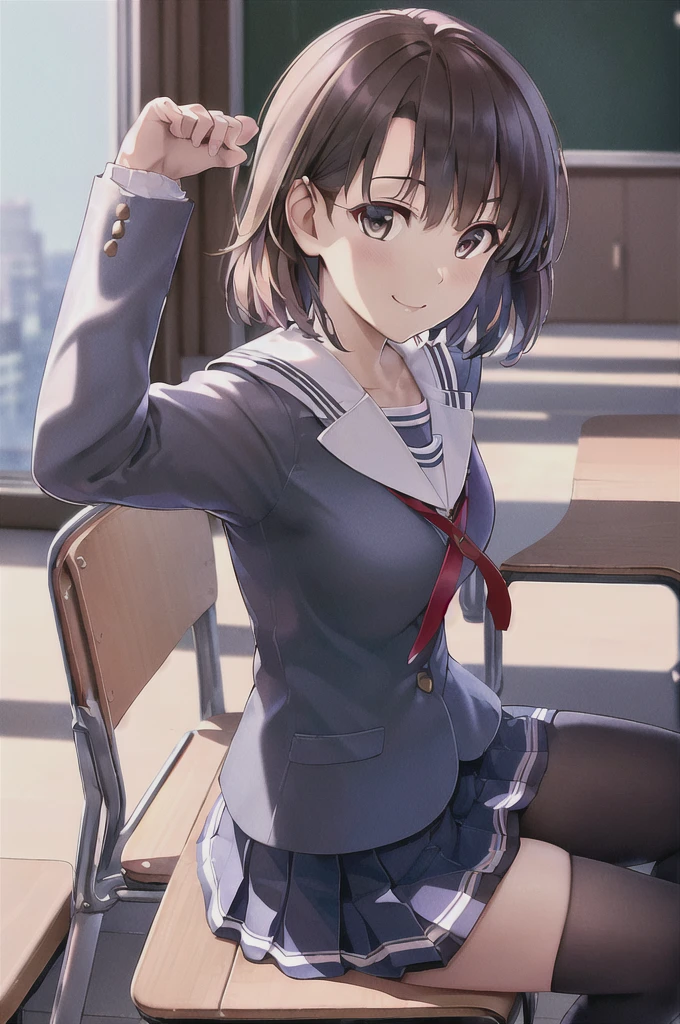 ((masterpiece,best quality, detailed)), deep shadows, hard rim lighting, dramatic lighting, sharp focus, looking at viewer, ambient light,
classroom, school desk, sitting, school chair, window, arm support,
katou megumi, , white sailor collar, pleated skirt, kneehighs, blue shirt, smile