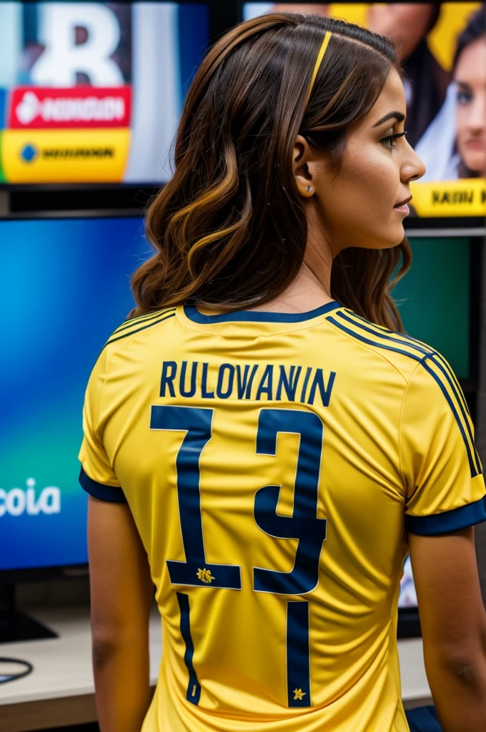 woman with her back watching large TV screen with the yellow Colombia national team shirt number 04 shirt name Rudi brown hair color with waves