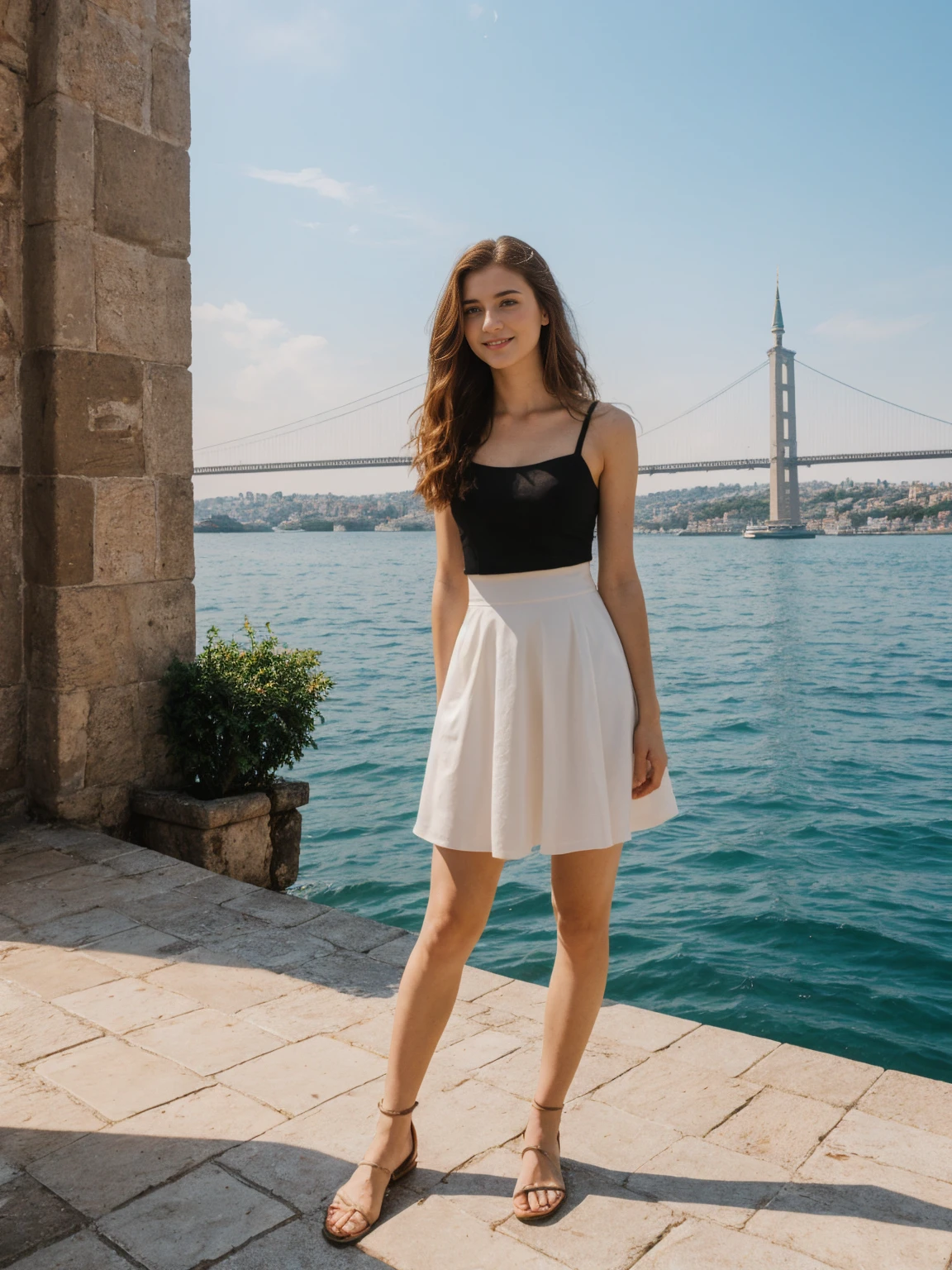 her name is Annie, high quality, 1girl, ((20-year-old fit Caucasian woman)), ((20 years old)), ((fit)) auburn long hair, pose: standing, wearing colored unique g gen Z modern wear, BACKGROUND: Lived between Europe and Asia in Istanbul, with its ancient mosques, bustling bazaars, and breathtaking views of the Bosphorus.