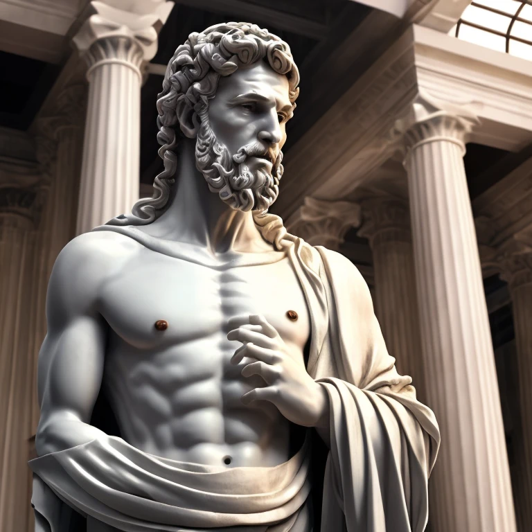 a classical wise Greek philosopher, Statue in a temple, Stoic posture, greek god, wisdom, Cinematic sensation, black andwhite, ultra realistic, Ultra detailed and handcrafted in every aspect, Discover the Seven Seas