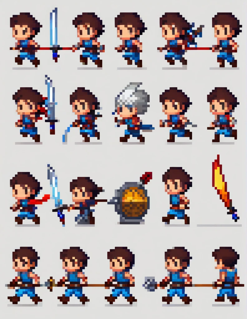 Create a sprite sheet for character animations that includes frames for movement, running, jumping, sword attack, spear attack, and bow attack. Mas o personagem é um menino de cabelo vermelho cor de pele branca e olhos vermelhos com uma pequena mochila nas costas