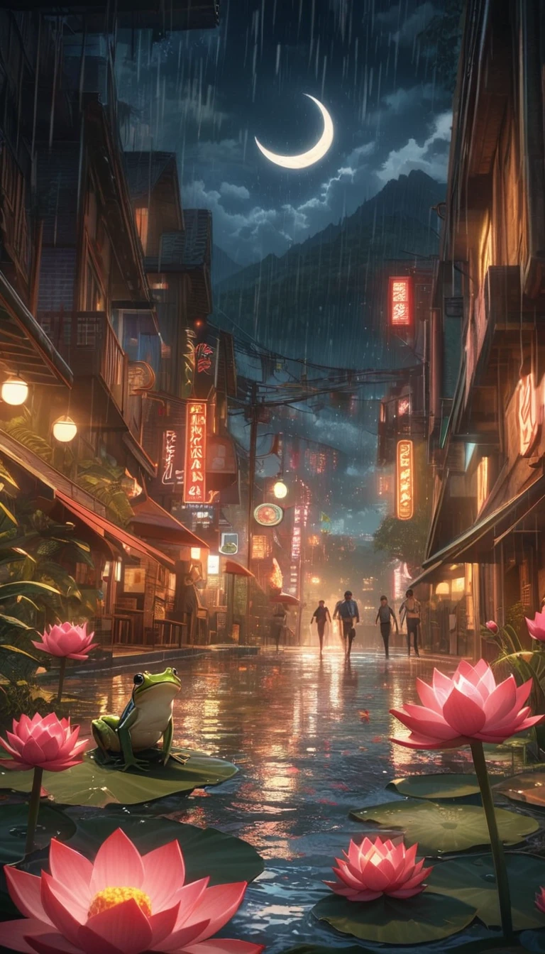 night, Only moonlight illuminates, crescent moon, mountains in the distance, Beautiful big lotus nearby, Big red lotus, There is running water next to it, frog, Summer is full of joy, crescent moon in the sky mixed with stars, amazing wallpapers, rainy night, rainy night, Beautiful and beautiful, Movie, high detail ((downpour))), 8K