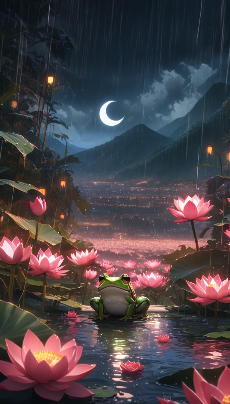 night, Only moonlight illuminates, crescent moon, mountains in the distance, Beautiful big lotus nearby, Big red lotus, There is running water next to it, frog, Summer is full of joy, crescent moon in the sky mixed with stars, amazing wallpapers, rainy night, rainy night, Beautiful and beautiful, Movie, high detail ((downpour))), 8K