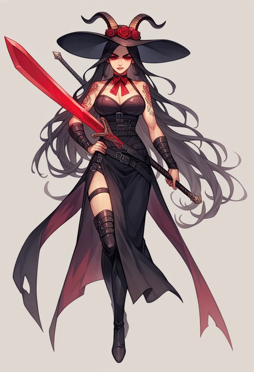 (absurdres, highres, ultra detailed, UHD, cinematic), solo, 1girl, skin color white, mature, mature expression, girl sitting with her leg cross, full body, tattoo in front of the collar neck, wearing a rose assassin, bottom wearing insurrectionist female assassin, coquette ribbon knitted arm warmers black red, black skirt with belt, y2k thigh high boots black, black long hair extension, wearing black pierced wide brim hat, red eyes, edgebringer midsize goat horns dark, carrying a red elemental sword on her back, calm, light-dark, environment,