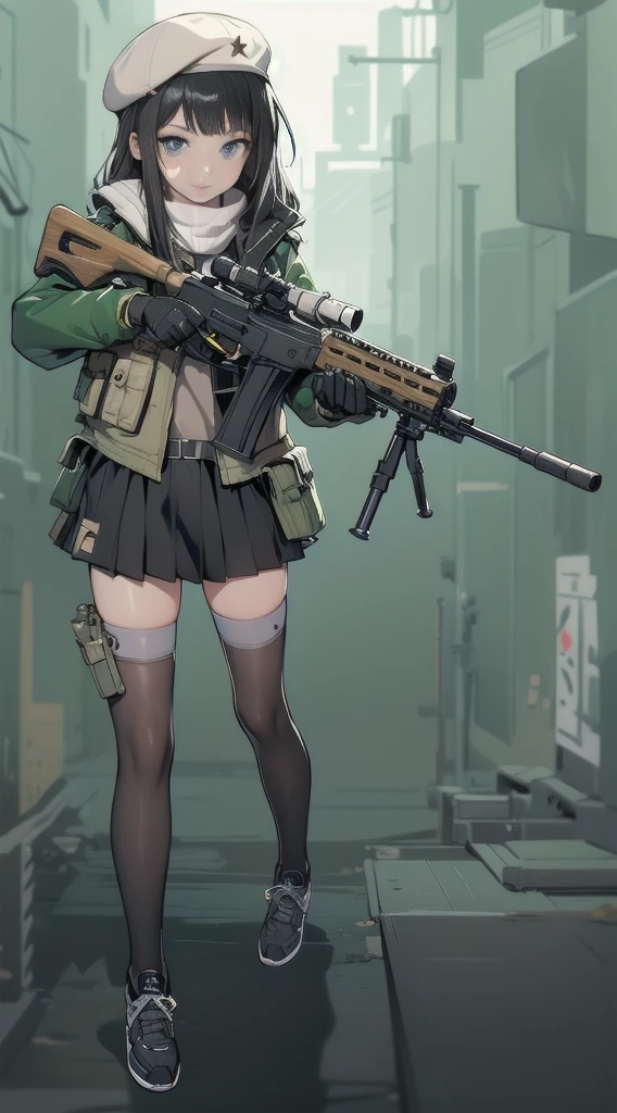 Realistic, As Yuuki, Super detailed,First Job, Better Quality, High resolution, One girl, Chinon 1, scarf, Fingerless gloves, Long sleeve, Short black shorts, hair ornaments, Hair Clip, Green thighs, Green jacket, Thigh straps, number de cowboy, Holding a gun, sniper rifle, Remains, Sitting, (Sword Art Online), range, Using a sniper, holding the sniper rifle, olhando no range, looking into the sniper rifle scope, number, High resolution, Urban, roof, Collapsed building, war, Catastrophe, disaster, Graves, cold, Bright Eyes, Superpoder, concentrated, concentrated, Cabello Kurt Azul, blue eyes, Ultra-realistic hands, With black gloves, Proportional Body
