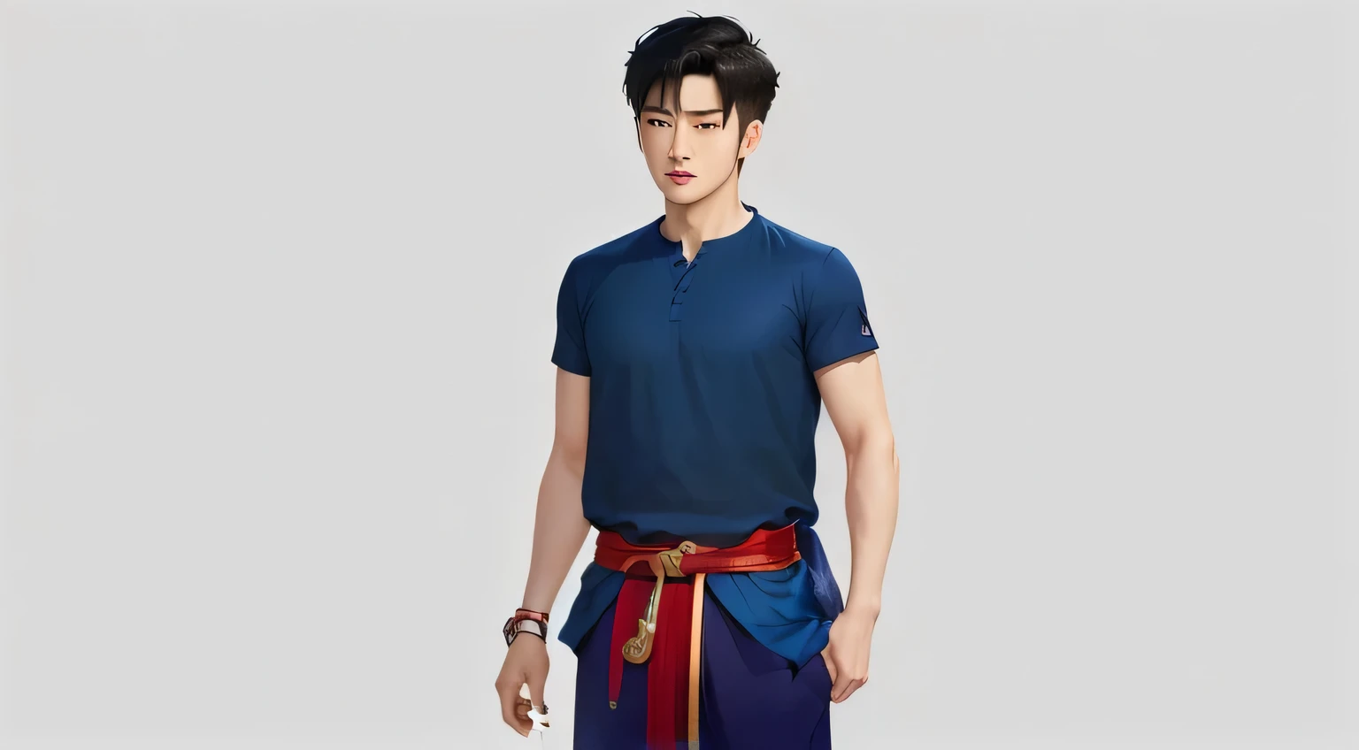 arafed image of a man in a blue shirt and red belt, inspired by Zhang Han, inspired by Dai Jin, inspired by Xia Yong, inspired by Sim Sa-jeong, male character design, inspired by Han Gan, inspired by Xiao Yuncong, inspired by Kim Myeong-guk, inspired by Liao Chi-chun, inspired by Guan Daosheng