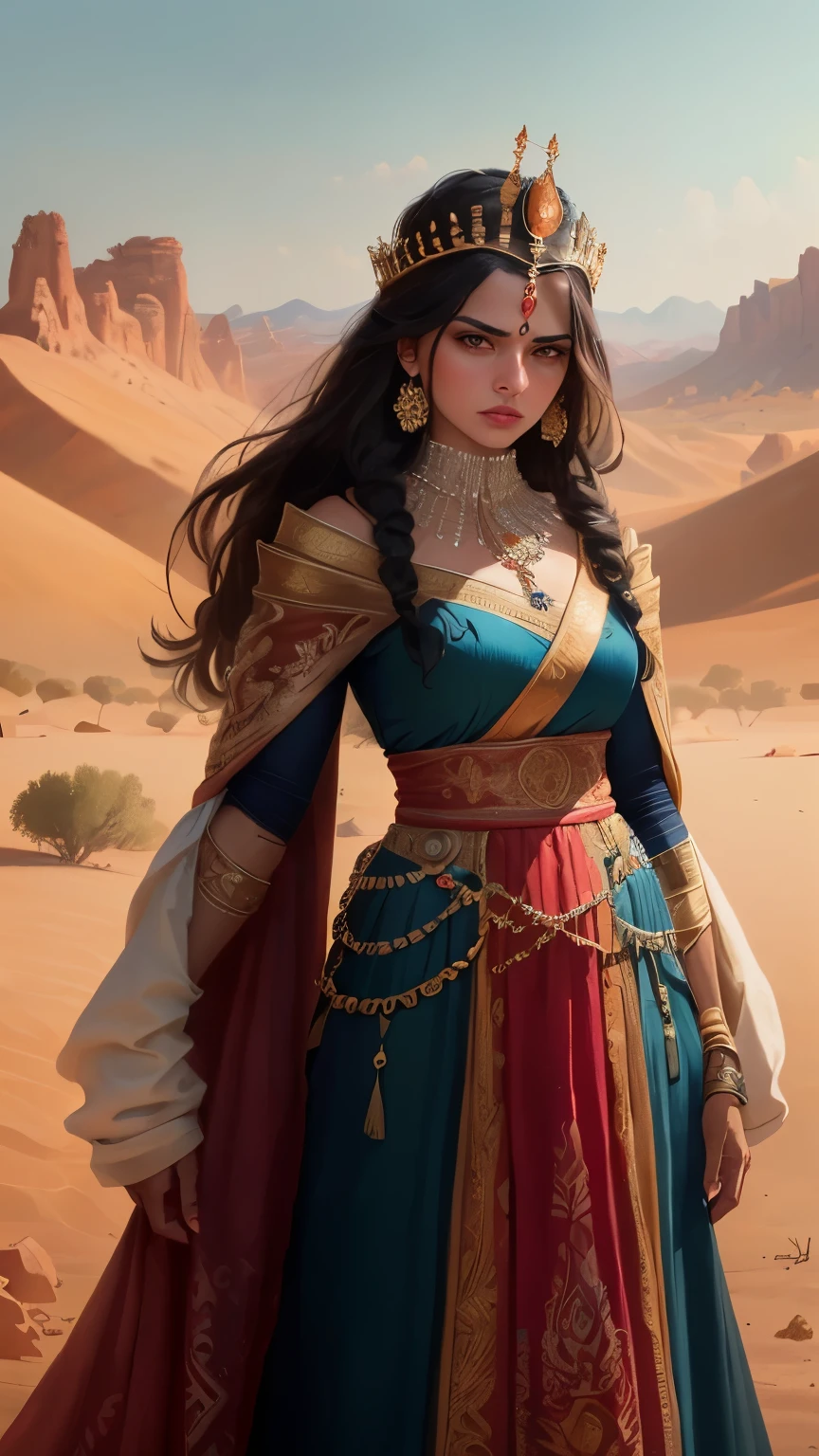 ((best quality)), ((masterpiece)), (detailed), A digital illustration of a queen wearing a traditional Indian dress and standing in a desert landscape with a fierce expression on her face.