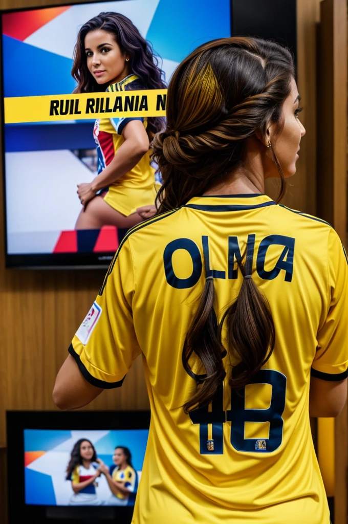 woman with her back watching large TV screen with the yellow Colombia national team shirt number 04 shirt name Rudi brown hair color with waves