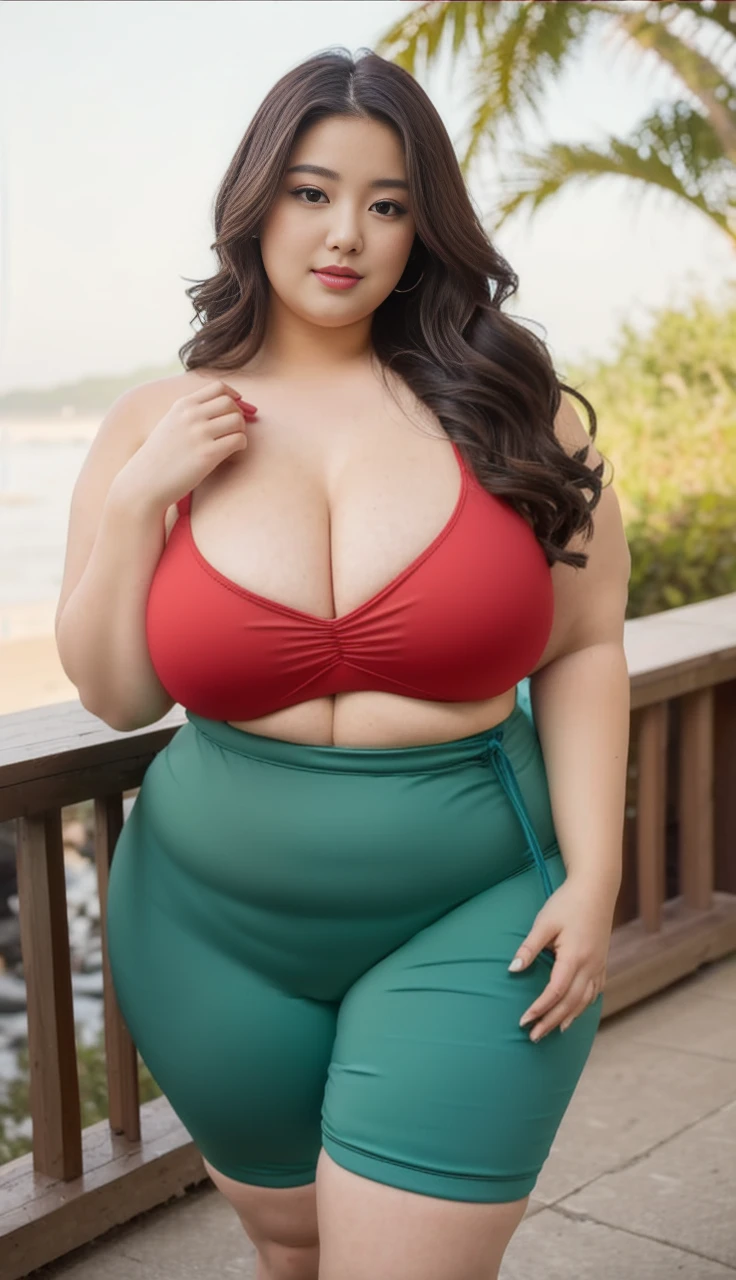 ((best quality)), ((masterpiece)), (detailed), perfect face, araffeTight skirtsShort , thicc, wavy short hair, she has a jiggly fat round belly, bbwchan, wearing tight simple clothes, skinny waist and thick hips, widest hips, her belly is fat and round, soft curvy shape, hyperrealistic full figure, wearing a cute top, wide hips, Blue swimsuit,On the beach by the seaBlue