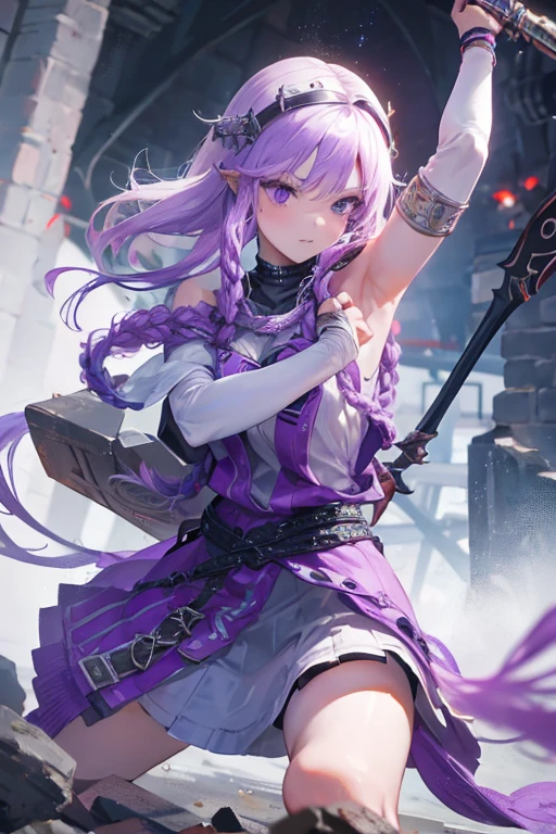 A purple-haired girl wears viking helmet wields the Heavy Thrusting Swords from within the Elden Ring in a reverse grip.