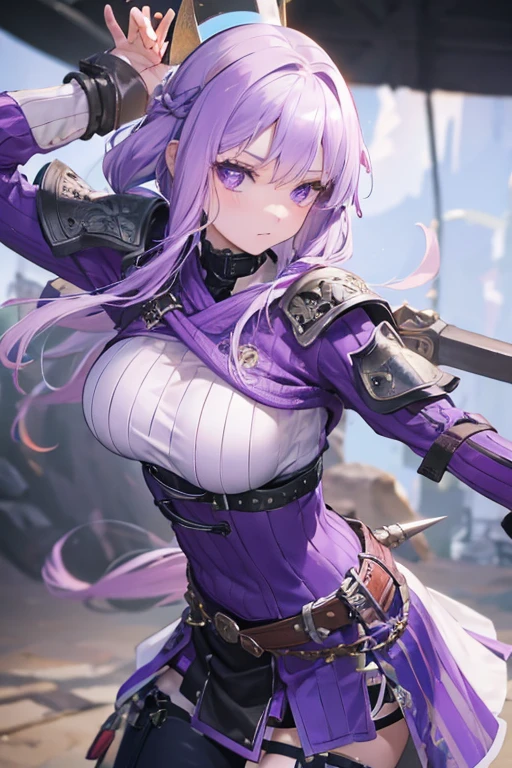 A purple-haired girl wears viking helmet wields the Heavy Thrusting Swords from within the Elden Ring in a reverse grip.