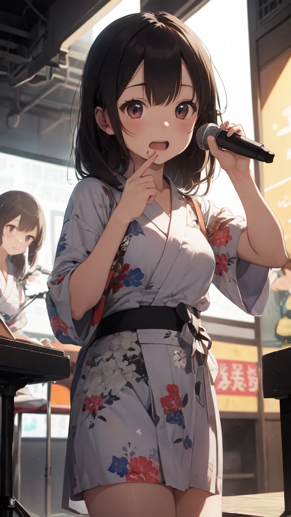 ​masterpiece、Ultra-detail、intricate detailes、Realistic texture、Unevenness of the human body、realistic in every detail、top-quality、Surrealist works、Women are detailed and realistic、Women in colorful yukata with floral patterns and polka dots、、Two Girls、Sisters、singer、Singing on stage、Hold the microphone、