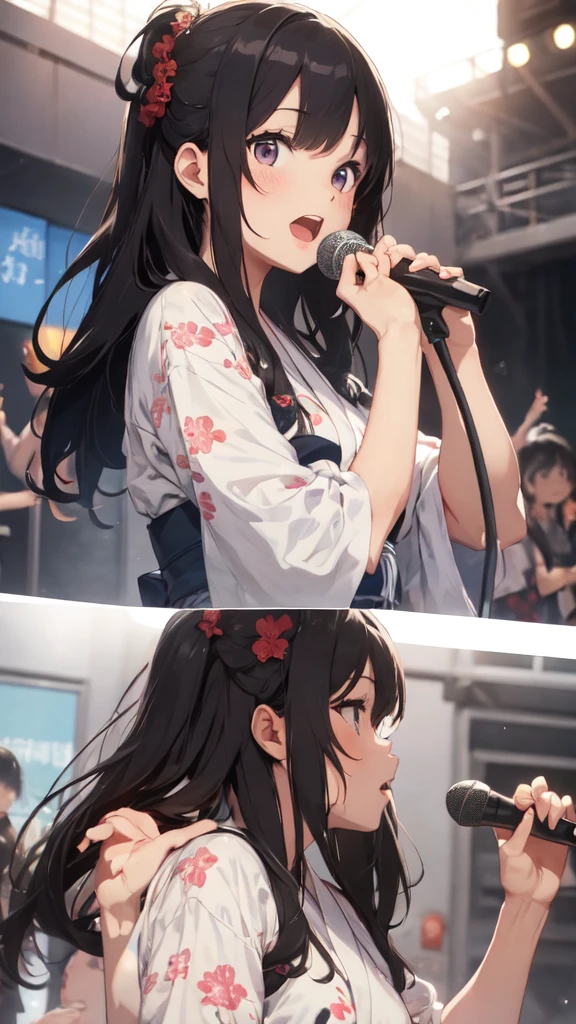 masterpiece、Ultra-detail、intricate detailes、Realistic texture、Unevenness of the human body、realistic in every detail、top-quality、Surrealist works、Women are detailed and realistic、Women in colorful yukata with floral patterns and polka dots、、Two Girls、Sisters、singer、Singing on stage、Hold the microphone、
